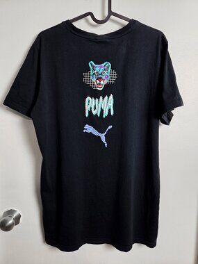 PUMA Graphic T-Shirt Black Blue White Logo 100% cotton Size L